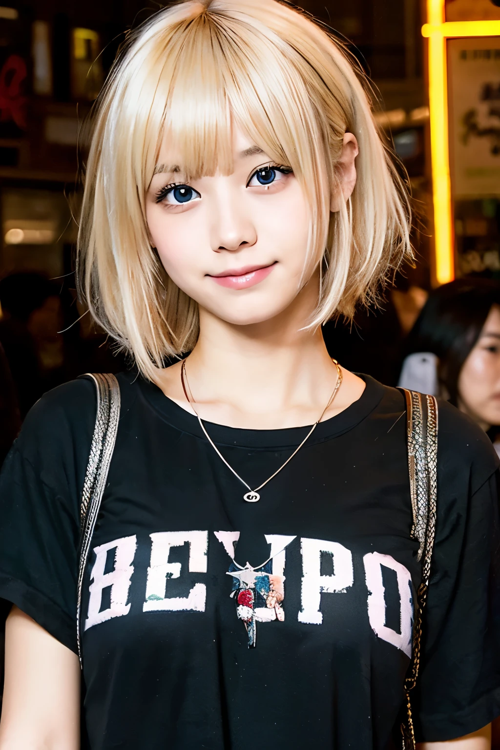 long light blonde shaggy hair, Japanese girl, black eyes, cute girl, punk style