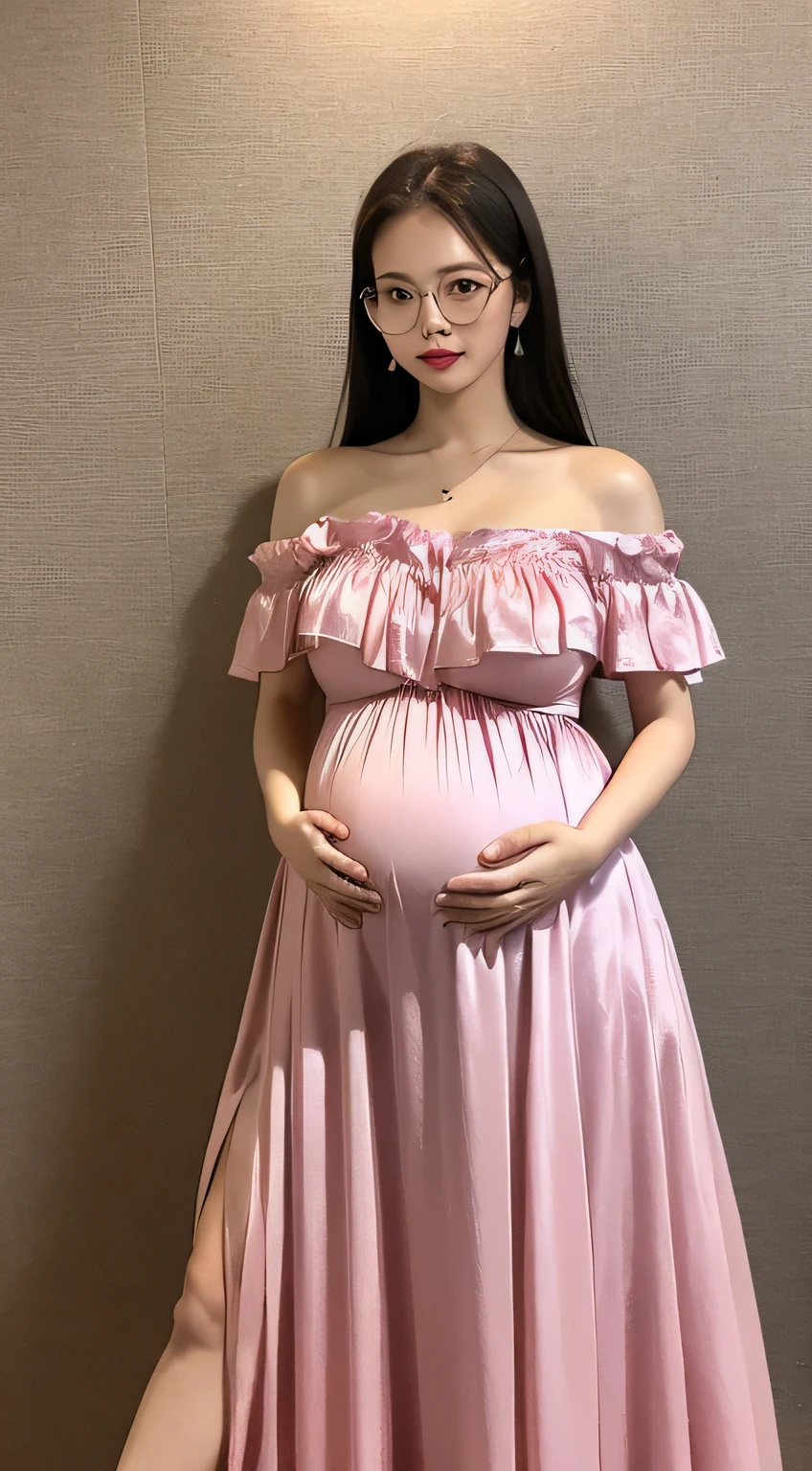 Boa_hancock, huge_breasts , best quality, ruffles_satin_dress , light_pink_satin_dress , big_ass , pregnant , wearing glasses , big pregnant , off tge shoulder dress
