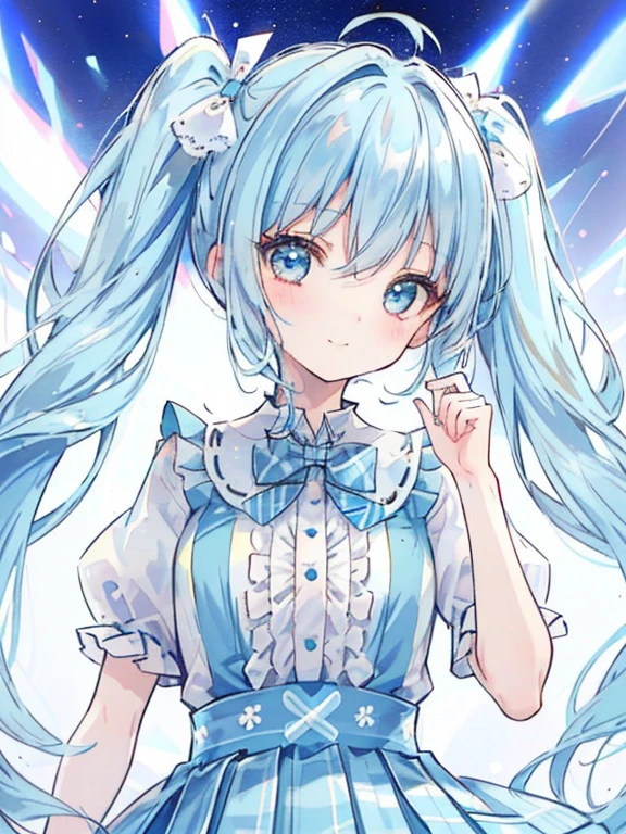 girl,Light blue ribbon hair ornament,(Light blue hair with twin tails),((break)),(dress:1.3),(Checkered Pleated Skirt:1.2),((break)),,((Please smile a little wider and look at me)),(Cute pose),((break)),((Focus on the face)),((Face close-up)),Gentle design