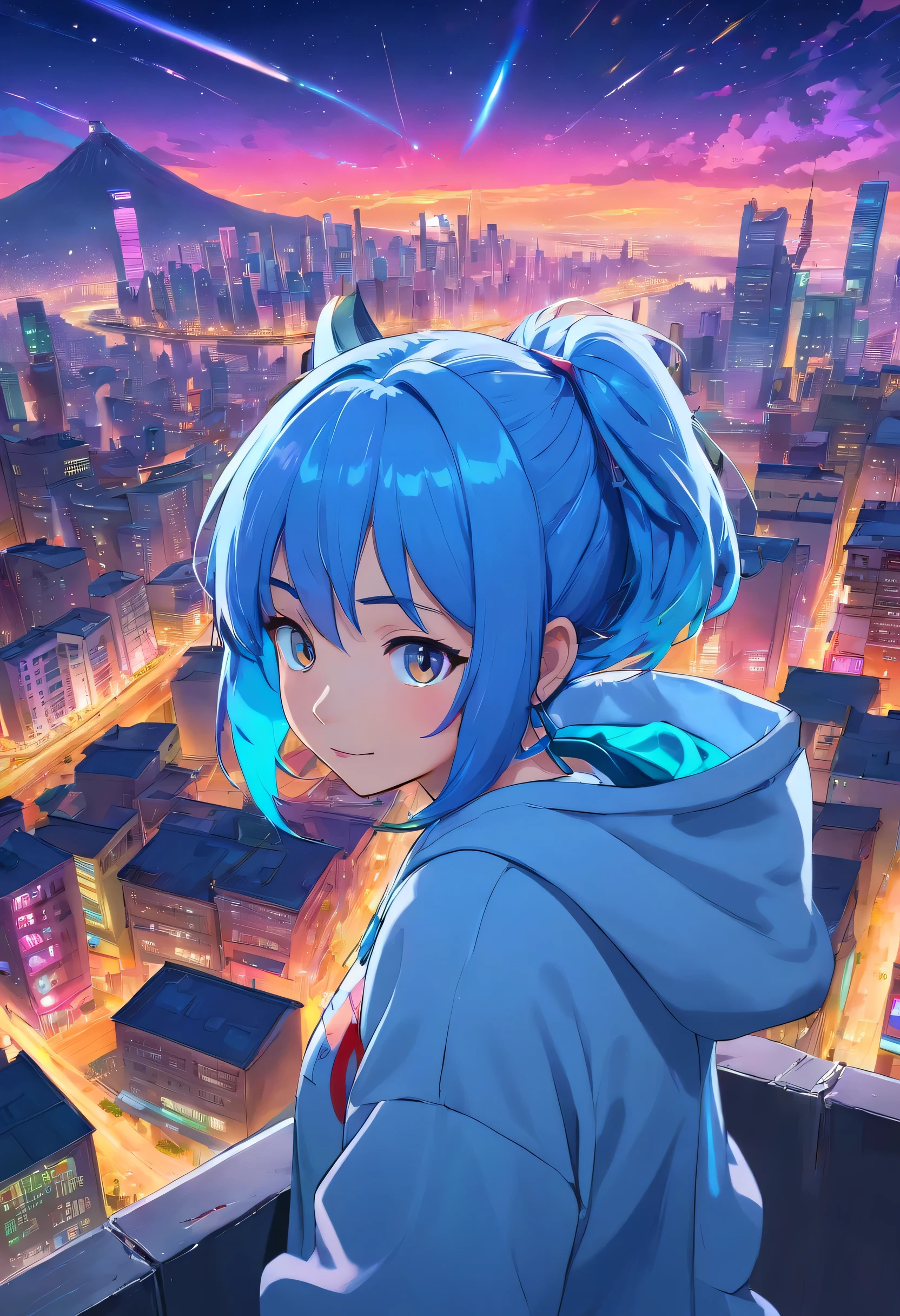 (masterpiece), best quality, ultra high res,, cyberpunk 1girl flying above stunning cityscape ,hoodie,blue hair, neon color shooting stars, very long hair, off shoulder, feather hair ornament, neon colors, flashes, stunning night sky, cinematic lighting, photorealistic, realistic skin, HDR,fisheye