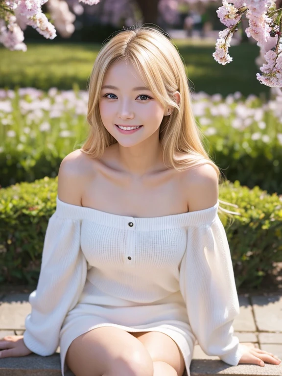 Smiling with eyes and mouth open、A pretty blonde girl sitting in a wariza in a flower park。She had her long hair blowing in the wind、Surrounding flowers々Surrounded by the scent of。That smile is、As warm as the spring sunshine、Gives a pleasant feeling of happiness。She is such a、White off-shoulder、Wearing a miniskirt、It's like a single flower blooming in the park.、Cleavage。Panty Shot、Show white panties。Expand your imagination、What charm will her smile have in this landscape?、Picture it。