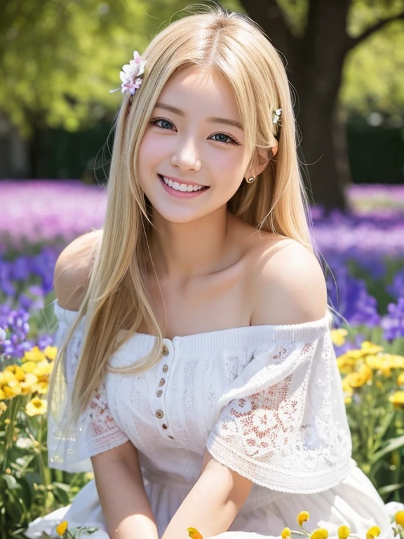 Smiling with eyes and mouth open、A pretty blonde girl sitting in a wariza in a flower park。She had her long hair blowing in the wind、Surrounding flowers々Surrounded by the scent of。That smile is、As warm as the spring sunshine、Gives a pleasant feeling of happiness。She is such a、White off-shoulder、Wearing a miniskirt、It&#39;s like a single flower blooming in the park.、Cleavage。Panty Shot、Show white panties。Expand your imagination、What charm will her smile have in this landscape?、Picture it。