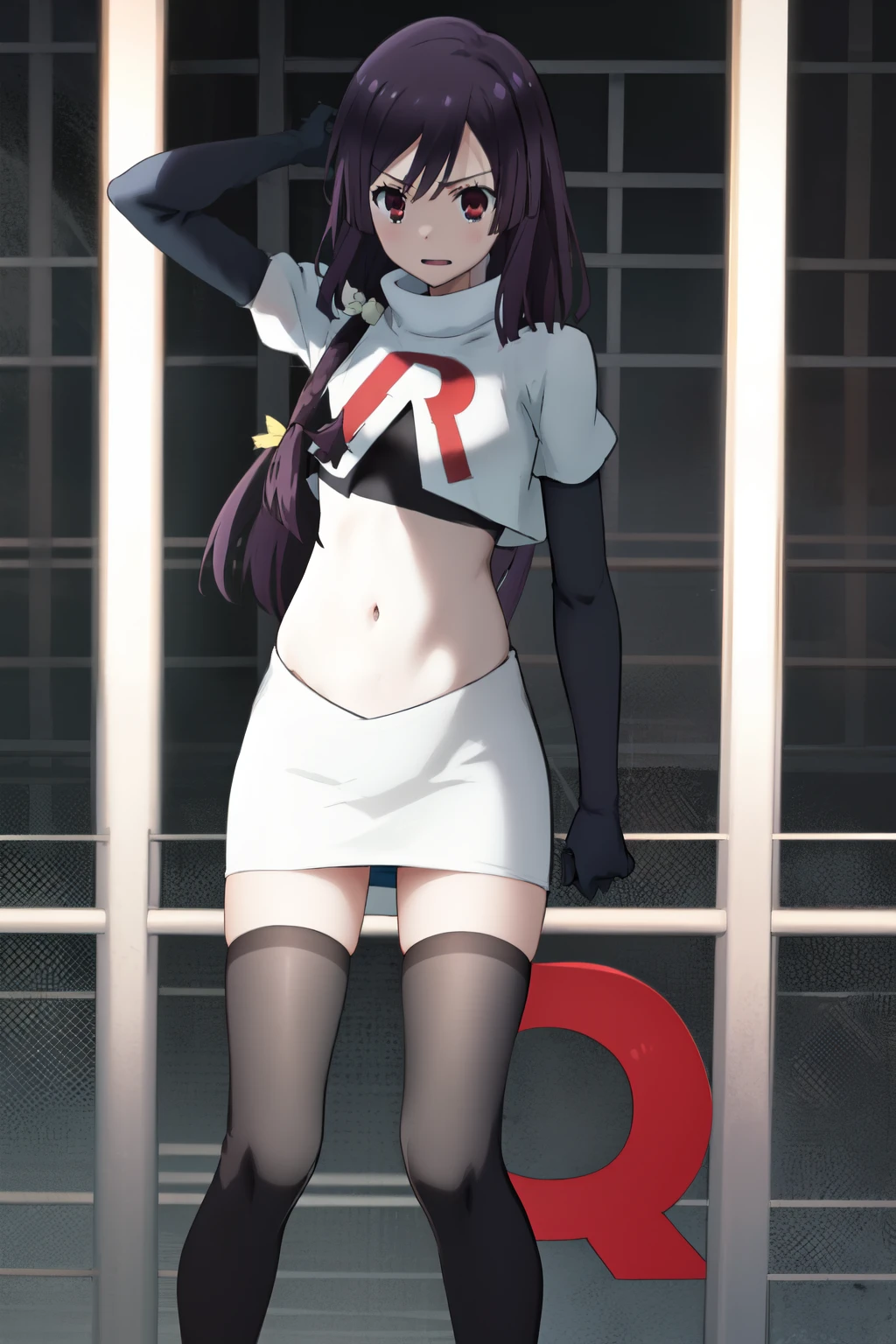 natsume, 1girl, crossdress-hairstyle, magic, highres, absurdres,team rocket,team rocket uniform,white skirt,red letter R,crop top,black thigh-highs,black elbow gloves