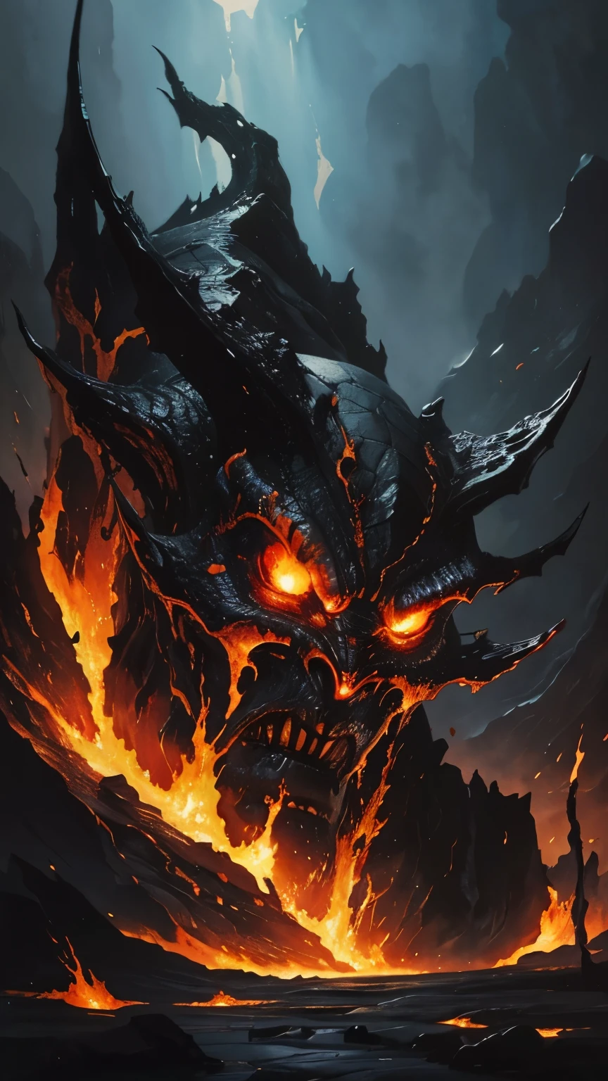 fusion of oil painting and watercolor painting, best quality, super fine, 16k, incredibly absurdres, extremely detailed, delicate and dynamic, dark horror fantasy, darkness, lava overflowing from crack in the rock, gradually forming into the shape of demon, mushy shape, demon made of lava, like hell