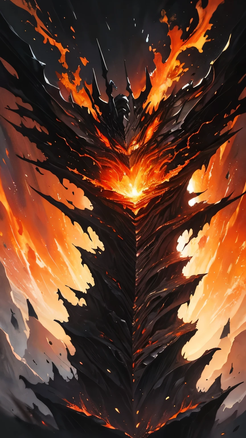 fusion of oil painting and watercolor painting, best quality, super fine, 16k, incredibly absurdres, extremely detailed, delicate and dynamic, dark horror fantasy, darkness, lava overflowing from crack in the rock, gradually forming into the shape of demon, mushy shape, demon made of lava, like hell