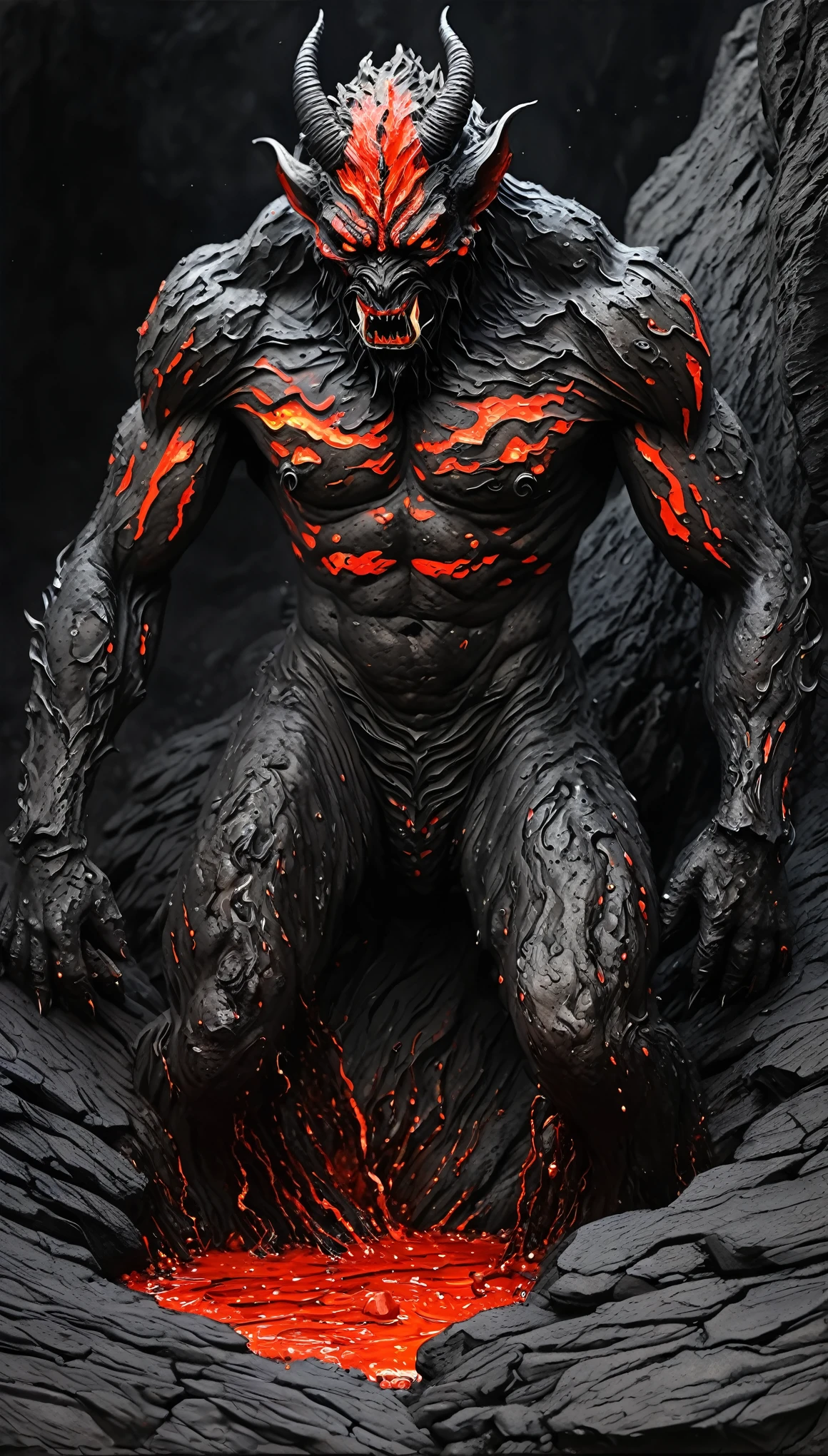 fusion of oil painting and watercolor painting, best quality, super fine, 16k, incredibly absurdres, extremely detailed, delicate and dynamic, dark horror fantasy, darkness, demon muddy with red lava, lava overflowing from crack in the rock, gradually forming into the shape of demon, mushy shape, demon made of lava, like hell