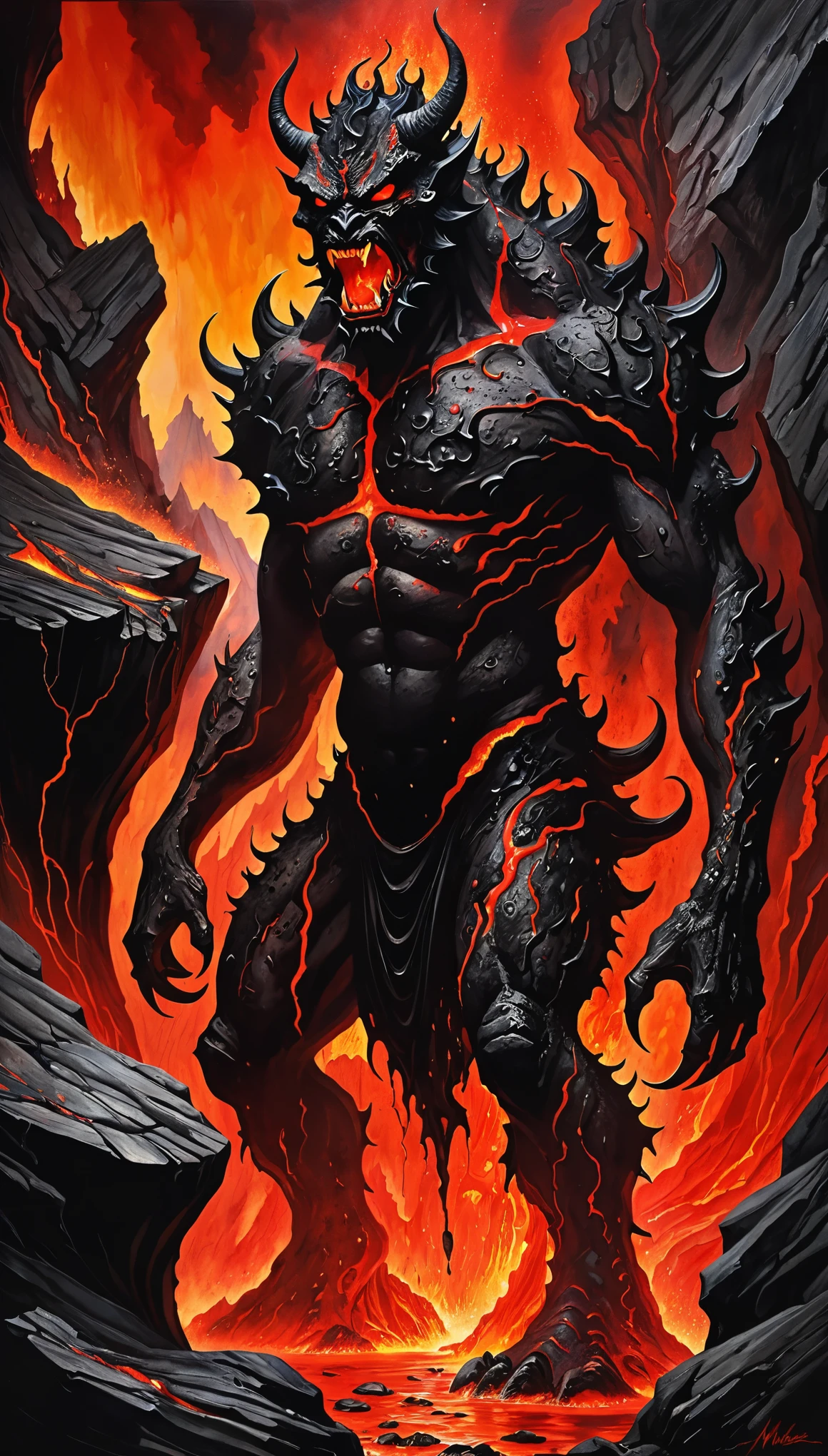 fusion of oil painting and watercolor painting, best quality, super fine, 16k, incredibly absurdres, extremely detailed, delicate and dynamic, dark horror fantasy, darkness, demon muddy with red lava, lava overflowing from crack in the rock, gradually forming into the shape of demon, mushy shape, demon made of lava, like hell