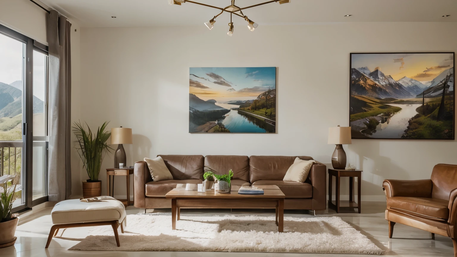 interior photo of a modern style living room with pretty landscape paintings on the wall