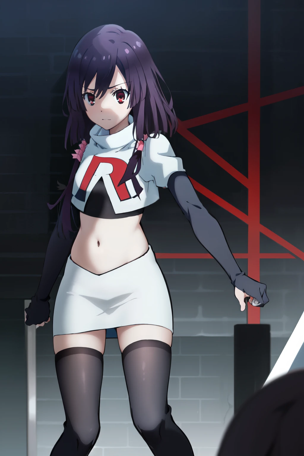 natsume, 1girl, crossdress-hairstyle, magic,    highres, absurdres,team rocket,team rocket uniform,white skirt,red letter R,crop top,black thigh-highs,black elbow gloves
