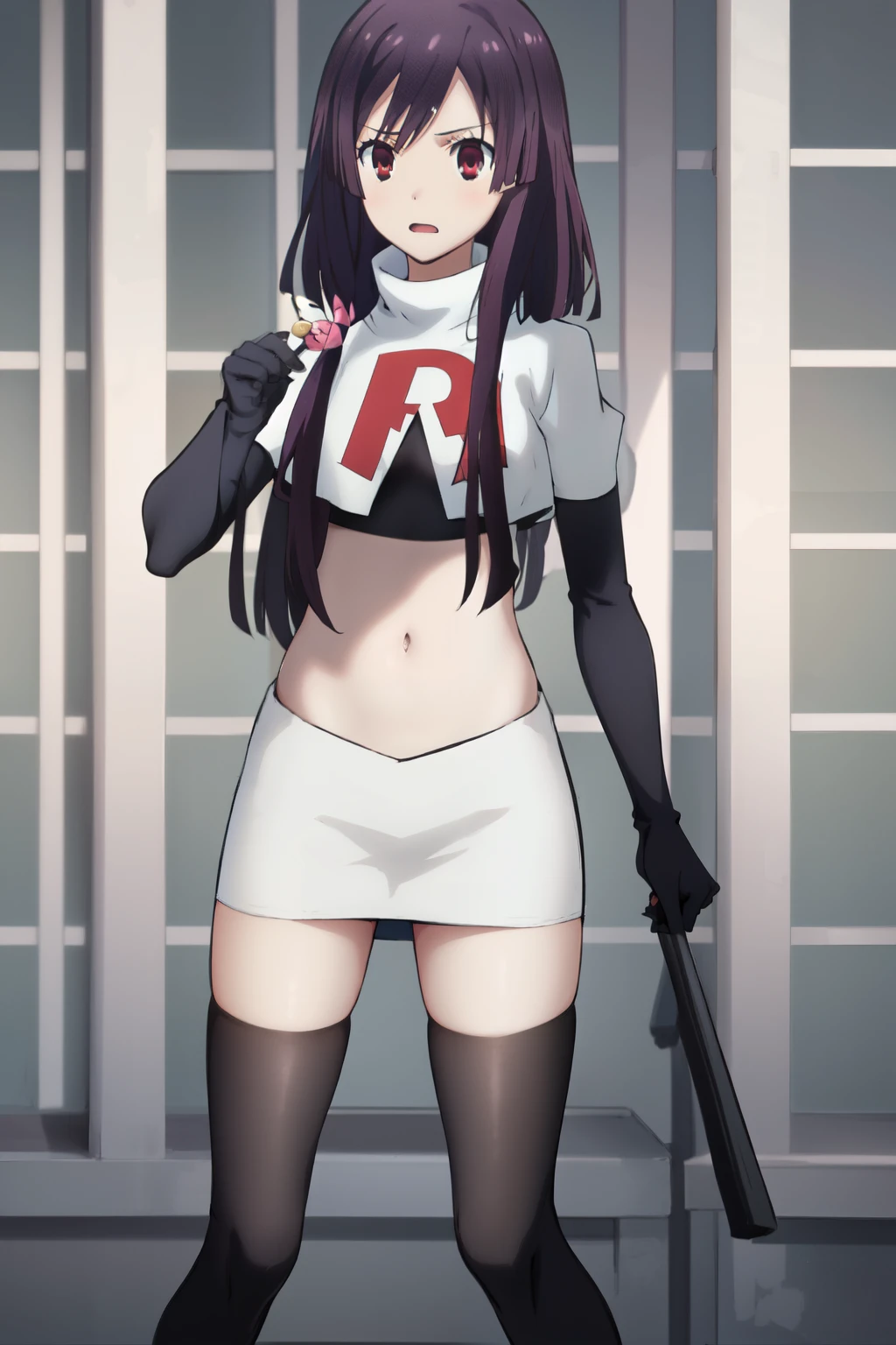 natsume, 1girl, crossdress-hairstyle, magic, highres, absurdres,team rocket,team rocket uniform,white skirt,red letter R,crop top,black thigh-highs,black elbow gloves