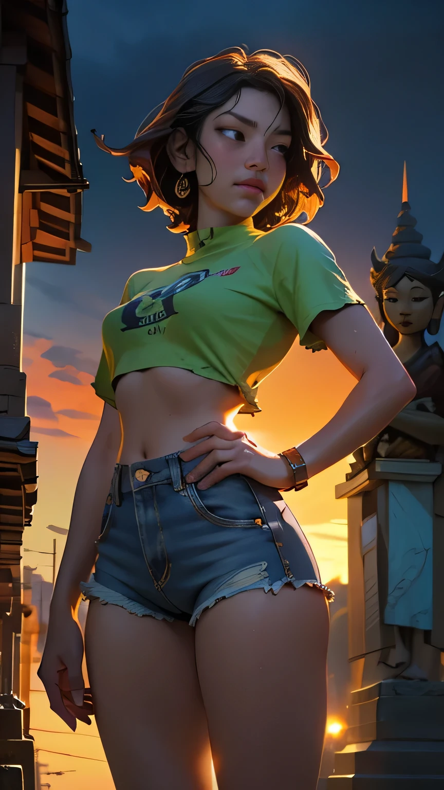 Thailand、The background is a statue of Nirvana、Female Hunter, Beautiful Face, Torn shirt and denim shorts , Long legs, Sweat it out, sunrise, んice warm colors, masterpiece, 最high quality, high quality, High resolution, (Upper body portrait)、
