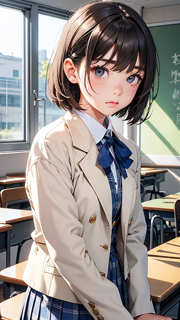 highest quality、Realistic、girl、Japanese、zoom、cute、classroom、Gray Eyes、Light Brown Hair、Bob Hair、Off-white blazer、White blouse、Ribbon、Blue checked pleated skirt、Face close-up、thin、Small breasts、Pouting、freckles
