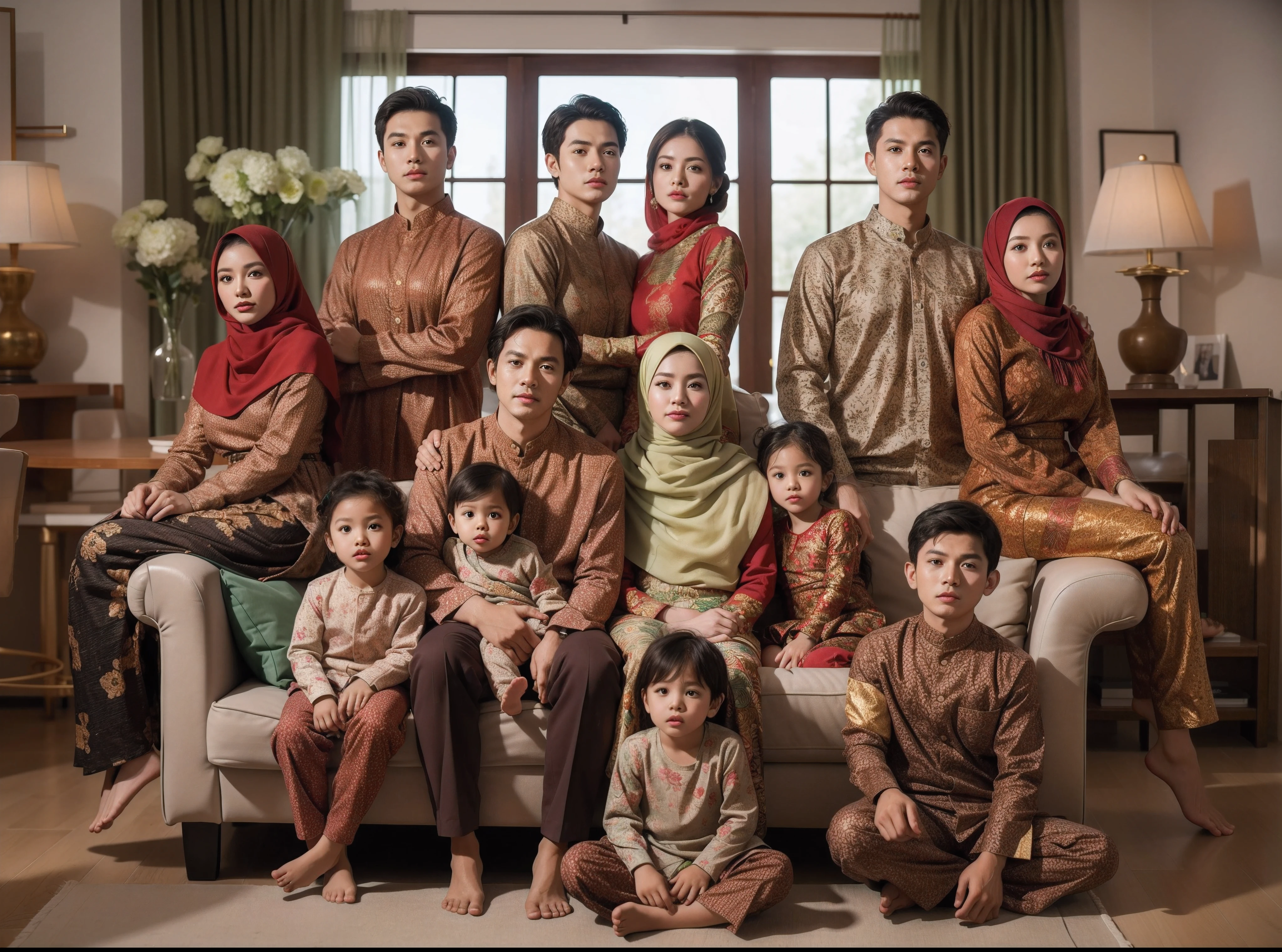 Family photo from Indonesia, twelve members. The father and mother, both 51 years old, are sitting on the sofa holding two 3-year-old children. Three men and three women are standing behind the sofa, and two boys and two girls are sitting in front. They are all wearing matching red and gold BATIK and kebaya, looking elegant, with hijabs styled in a bun. The photo is realistic, ultra HD, with the living room as the background, decorated with green flower vases, and natural daylight. UHD, 32K 