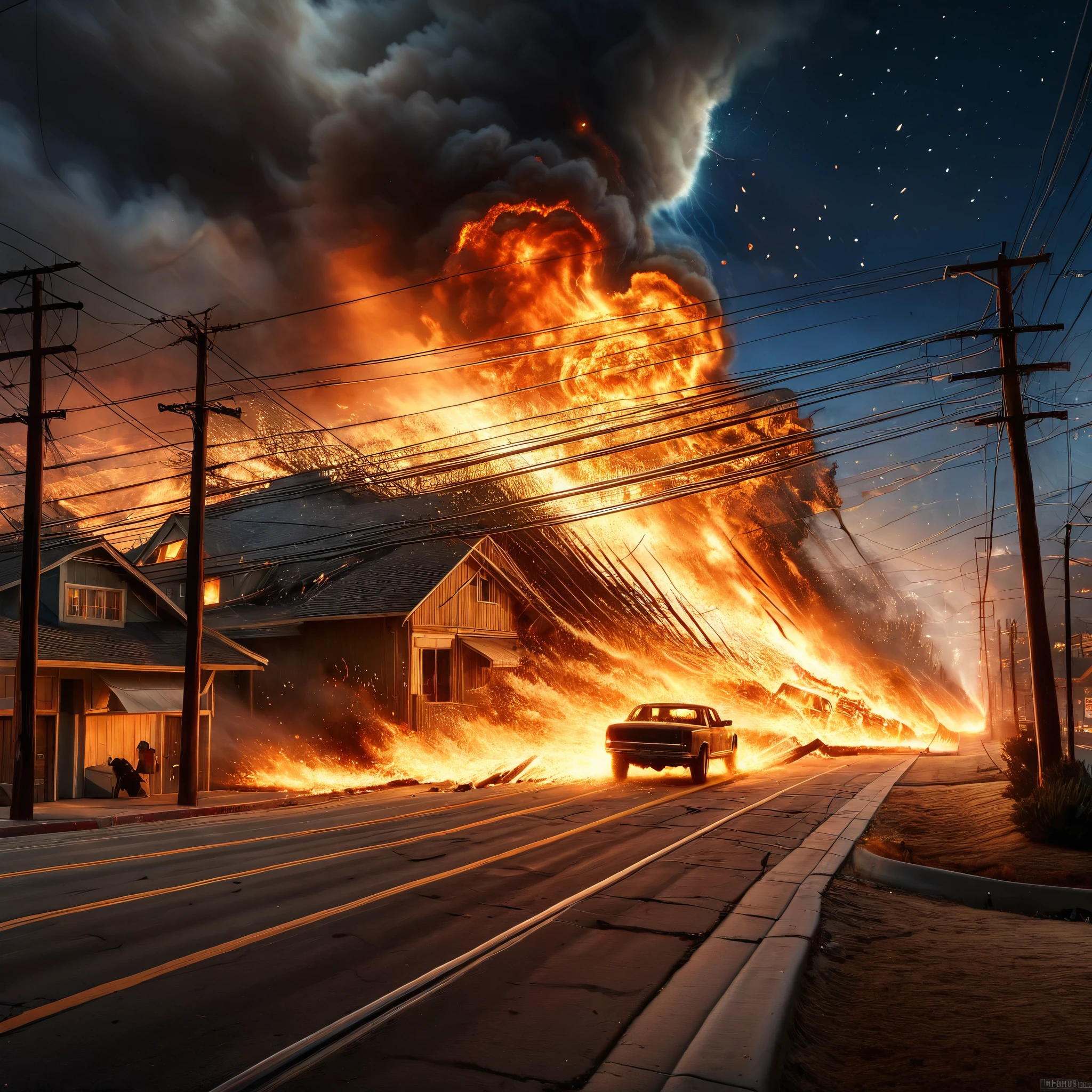 A hyper-realistic image capturing the intense moments of a massive earthquake striking Los Angeles, as power lines snap and burst into flames, illuminating the night sky with an eerie glow of disaster.