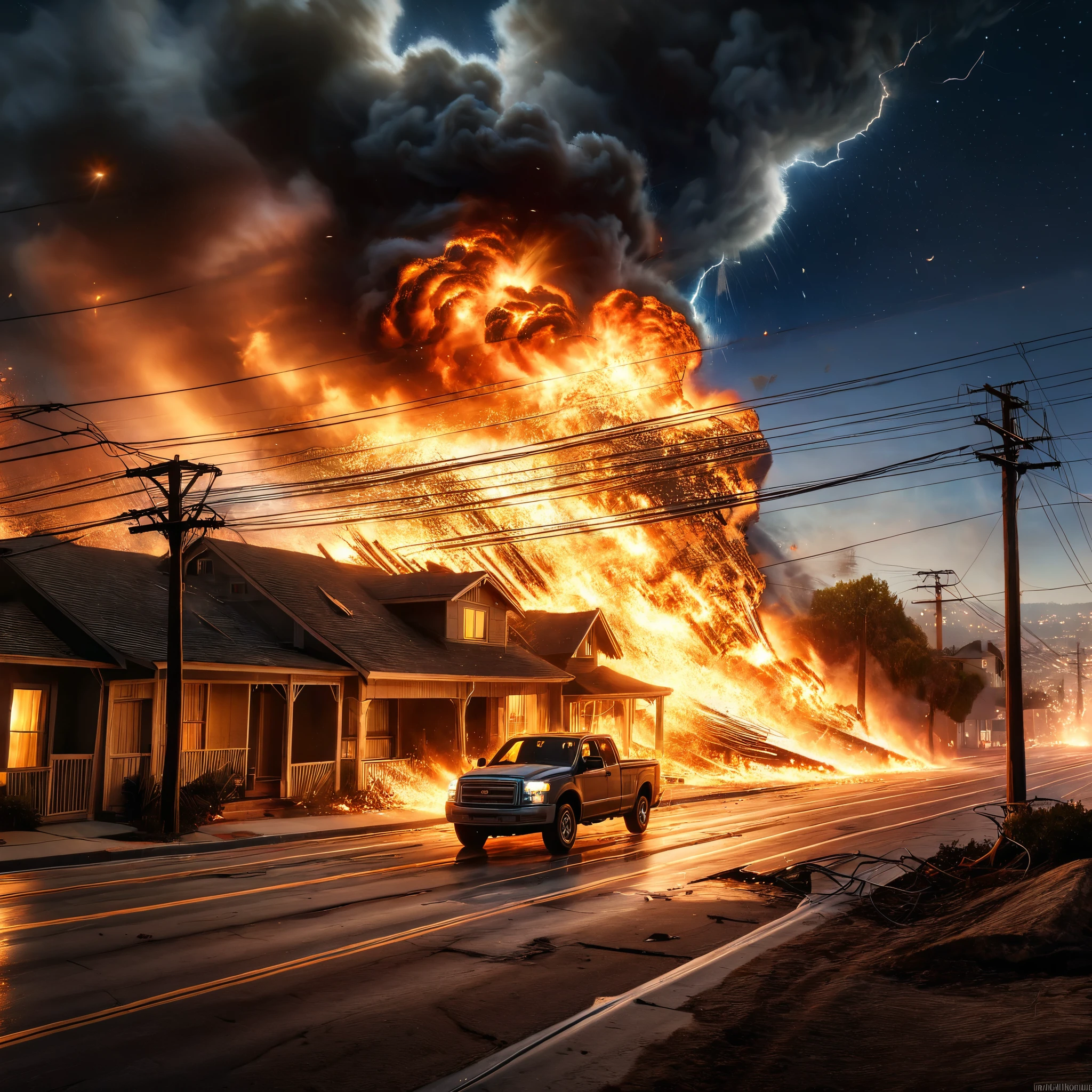 A hyper-realistic image capturing the intense moments of a massive earthquake striking Los Angeles, as power lines snap and burst into flames, illuminating the night sky with an eerie glow of disaster.