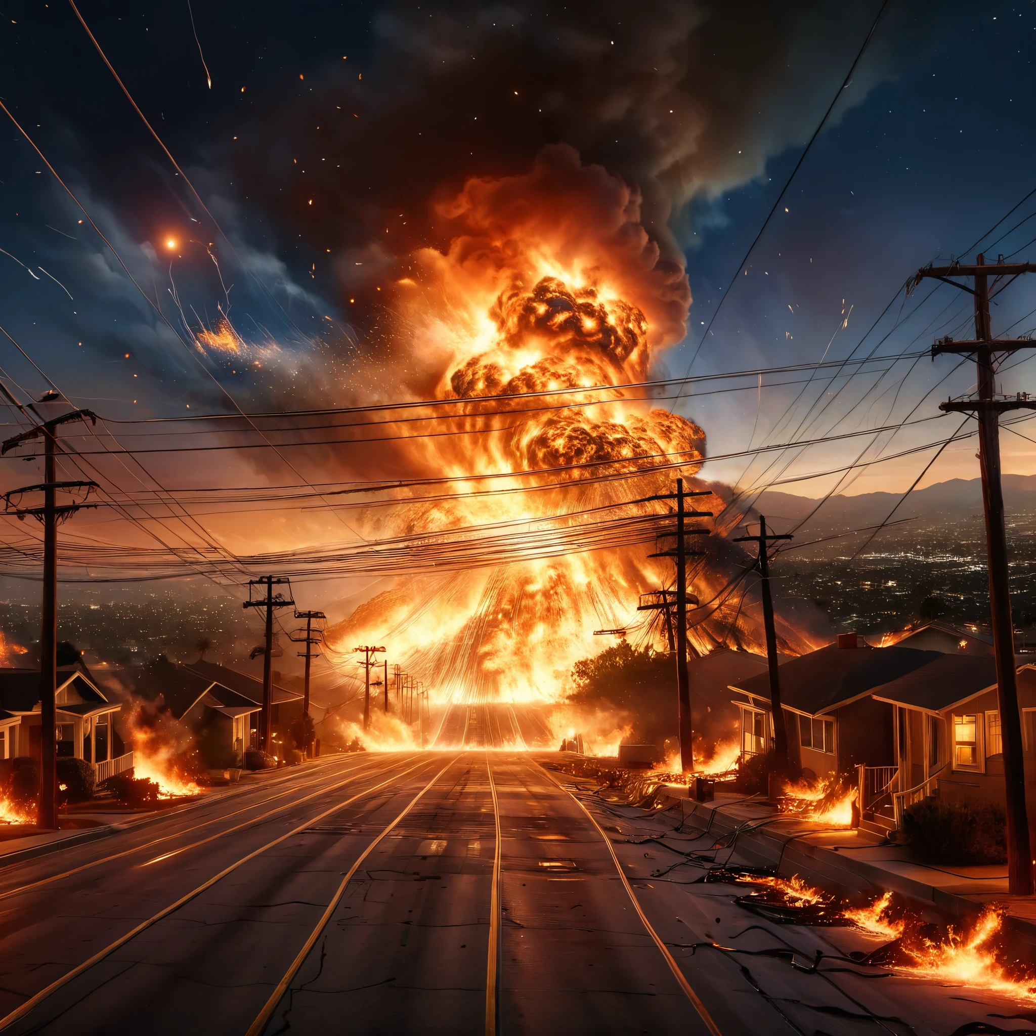 A hyper-realistic image capturing the intense moments of a massive earthquake striking Los Angeles, as power lines snap and burst into flames, illuminating the night sky with an eerie glow of disaster.