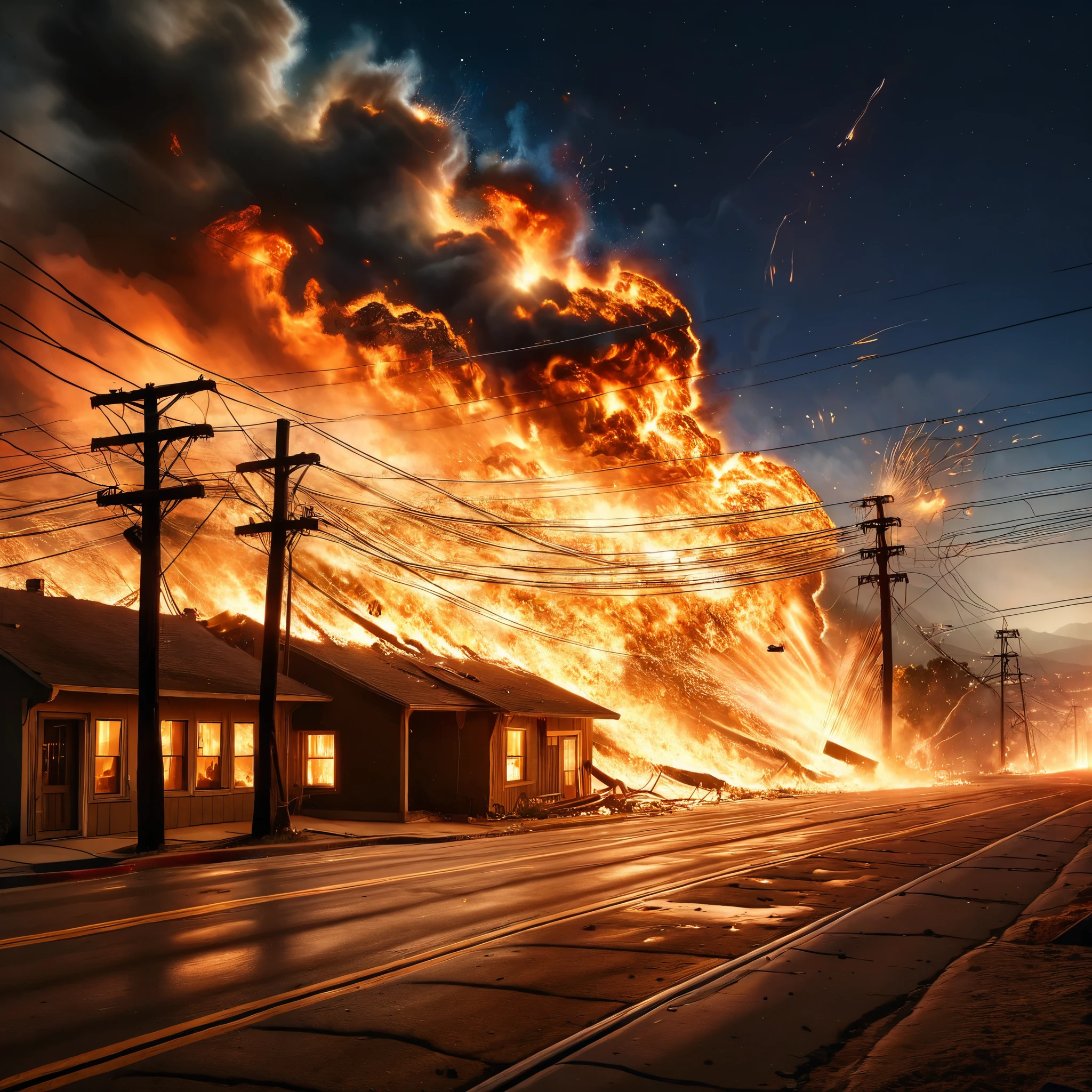 A hyper-realistic image capturing the intense moments of a massive earthquake striking Los Angeles, as power lines snap and burst into flames, illuminating the night sky with an eerie glow of disaster.