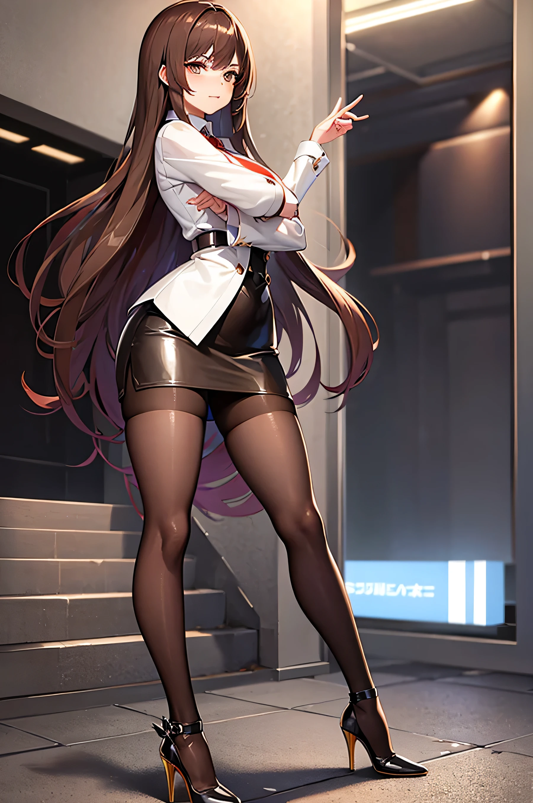Beauty,,Leather Skirt,Brown long hair,Pointed high heels,temperament,Big ,,Asian women。