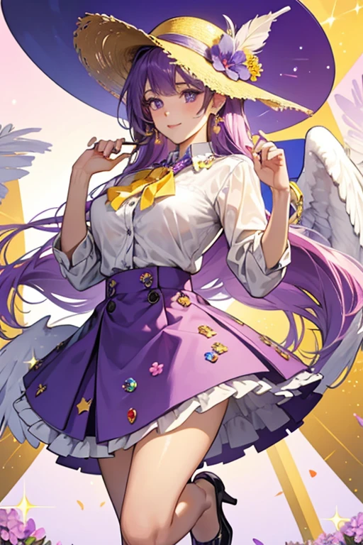  she has white feathers and a golden-yellow beak. Clothing-wise, she wears a tight-fitted purple button-up blouse with three large dark-purple buttons running down the front and a matching purple skirt and heels. She accessorizes with a beautiful blue bowtie around her neck attached to a tan sunhat with a pink flower in it. SPARKLE; GLITTER