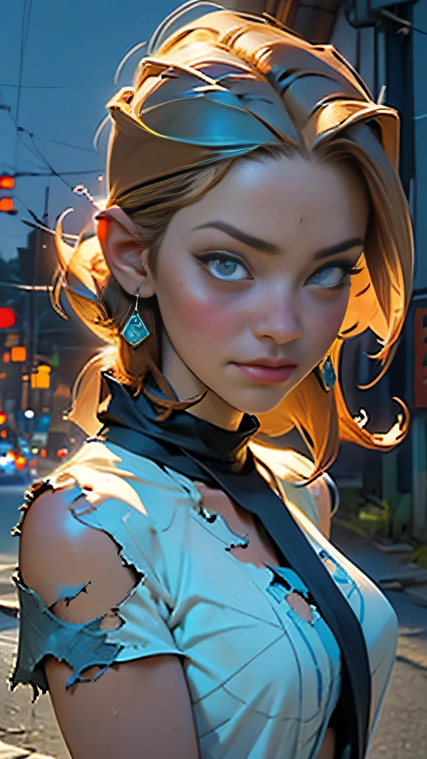 Thailand、The background is a statue of Nirvana、Female Hunter, Beautiful Face, Torn shirt and denim shorts ,  Long legs, Sweat it out, sunrise, んice warm colors, masterpiece, 最high quality, high quality, High resolution, (Upper body portrait)､