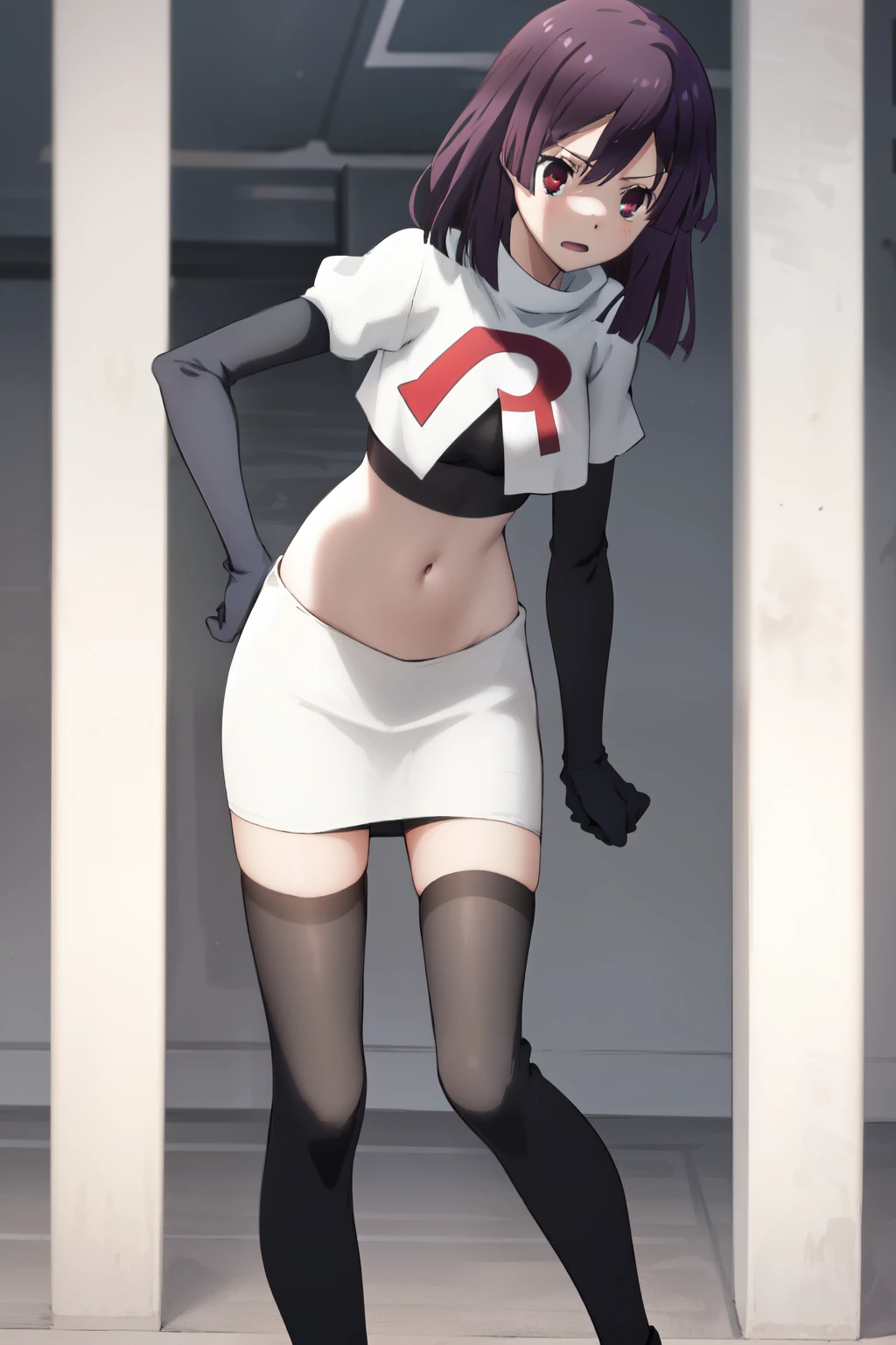 natsume, 1girl, crossdress-hairstyle, magic,    highres, absurdres,team rocket,team rocket uniform,white skirt,red letter R,crop top,black thigh-highs,black elbow gloves