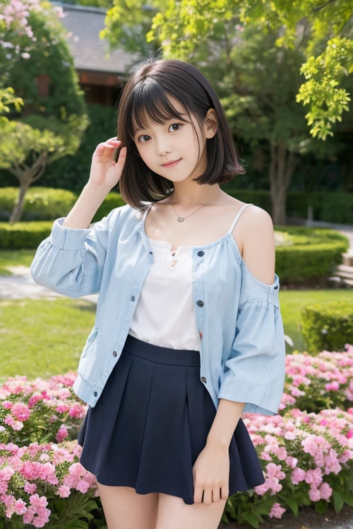8k,Japanese,,Young Face,Innocent face,Teenage Girle,spring-like clothes,Spring weather,Casual wear,Are standing,Black Hair,garden,Décolletage