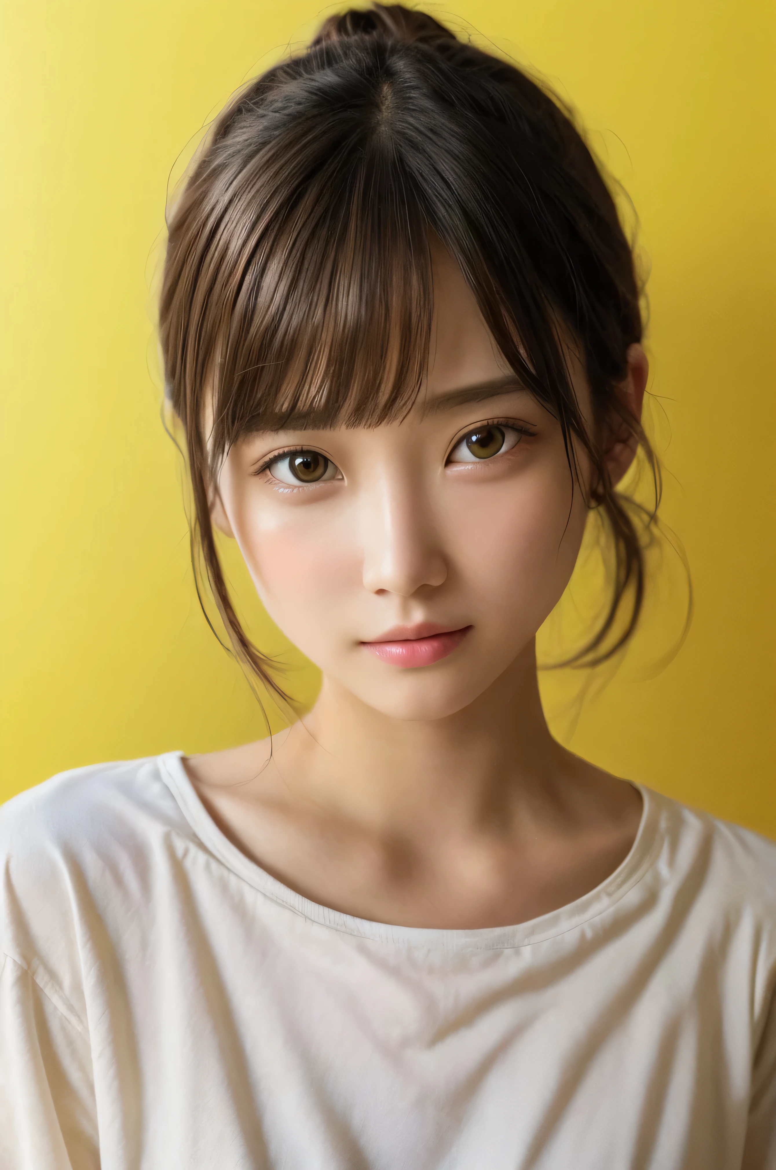 masterpiece, highest quality, 8k, Absurd, (Upper Body:1.4), White shirt, beautiful girl, Pretty face, View your viewers, smile, Ultra-realistic, High resolution, photograph, Film Grain, chromatic aberration, Sharp focus, High resolution, Face Light, Dynamic Lighting, Cinema Lighting, Professional Shadow, Simple Background, (Dull yellow background:1.4), Most detailed, Very detailed, Super detailed, In detail, Real Skin, Delicate facial features, Detailed face and eyes, Sharp pupils, Realistic students