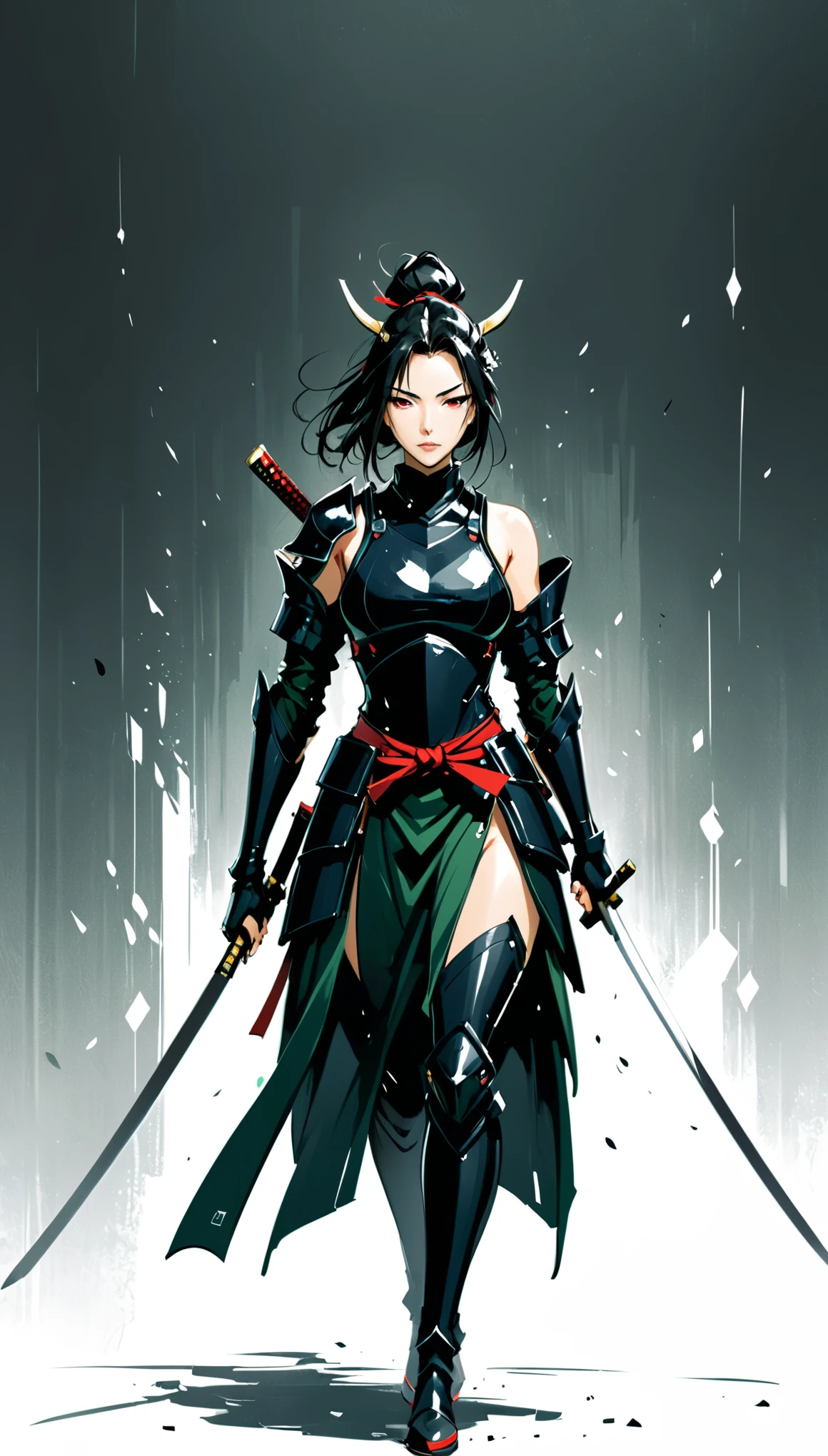 in style of Benedick Bana,female,samurai,character concept design,half body, vanishing point composition,1990s \(style\),