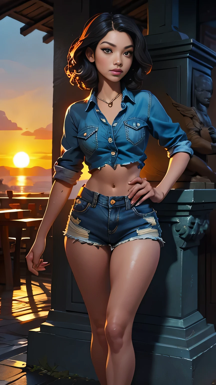 Thailand、The background is a statue of Nirvana、Female Hunter, Beautiful Face, Torn shirt and denim shorts , Long legs, Sweat it out, sunrise, んice warm colors, masterpiece, 最high quality, high quality, High resolution,