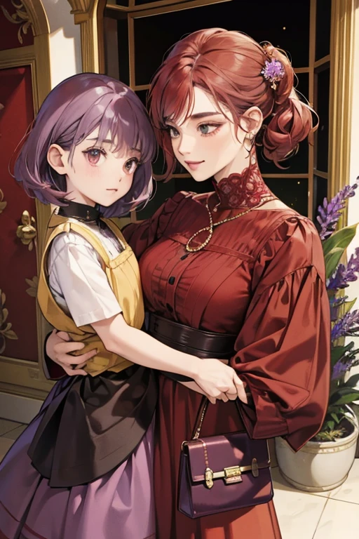 Auntie has red with a maroon gray hair, and black eyes with yellow. She also wears a lavender blouse with a golden clasp and carries a matching lavender purse. SPARKLE; GLITTER