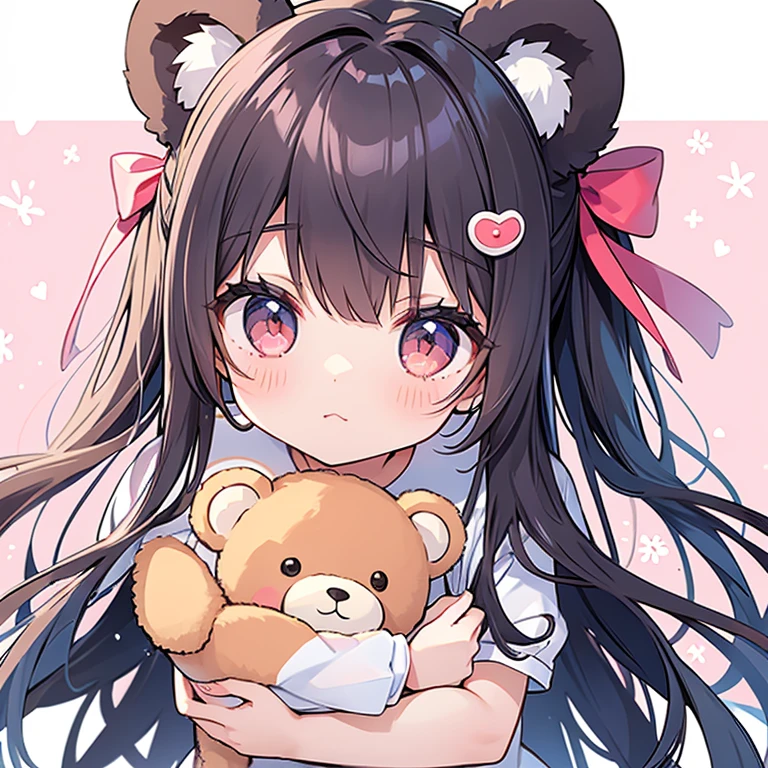 Half-up single bang、Extremely long hair,Baby Face,teddy bear,Lovely,Girl's Room,Modern,Cream colored hair、Glowing pink eyes,White ruffled skirt,Black hoodie,Moe sleeves,Wearing a cream-colored cardigan,Jito Order,look at me and smile kindly,high resolution,Sitting on the bed,high quality,Moe sleeves