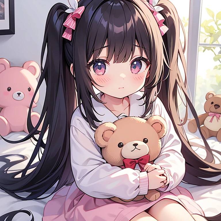 Half-up single bang、Extremely long hair,Baby Face,teddy bear,Lovely,Girl's Room,Modern,Cream colored hair、Glowing pink eyes,White ruffled skirt,Black hoodie,Moe sleeves,Wearing a cream-colored cardigan,Jito Order,look at me and smile kindly,high resolution,Sitting on the bed,high quality,Moe sleeves