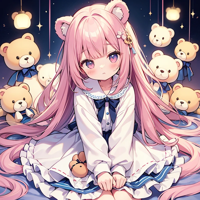 Half-up single bang、Extremely long hair,Baby Face,teddy bear,Lovely,Girl's Room,Modern,Cream colored hair、Glowing pink eyes,White ruffled skirt,Black hoodie,Moe sleeves,Wearing a cream-colored cardigan,Jito Order,look at me and smile kindly,high resolution,Sitting on the bed,high quality,Moe sleeves