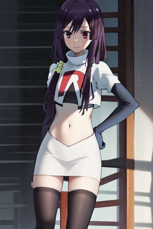natsume, 1girl, crossdress-hairstyle, magic,    highres, absurdres,team rocket,team rocket uniform,white skirt,red letter R,crop top,black thigh-highs,black elbow gloves