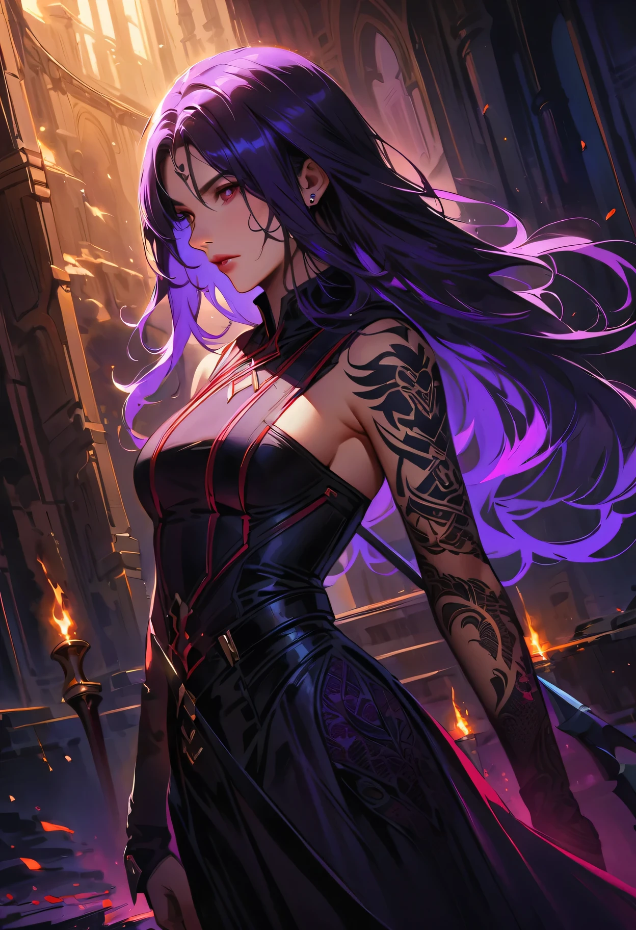 a detailed portrait of a female assassin in a dark fantasy setting, with long flowing hair in shades of black and purple, Tattood on the face, piercing blue, wearing a sleek black leather outfit , including dragon scales  tattoos on her arms. She stands in a dimly underground chamber, holding two curved daggers , The scene is illuminated with flickering torches [flickering torches], casting shadows and enhancing the suspenseful atmosphere. The color palette is predominantly dark and moody, with hints of red and purple accents , creating a sense of mystery and danger. The lighting emphasizes the sharp edges and intricate details of the assassin's attire and tattoos, adding depth and texture to the overall composition . The image is of the highest quality, with extreme attention to detail , showcasing the artist's technical expertise and mastery of light and shadow. The art style is realistic yet with a touch of fantasy.