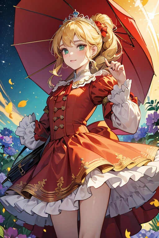 Tilly has a cape with flower-like crests, a red dress with red-orange buttons, puffed sleeves, a large skirt for the dress, and dark brown boots. She has green eyes and blonde hair that's tied in a small ponytail and wears a giant hat tied up with a large red bow. She carries a yellow umbrella and a yellow carpet bag. As a Duchess, she wears a cobalt dress with teal flowers, a tiara, and her hair in a bun. SPARKLE; GLITTER