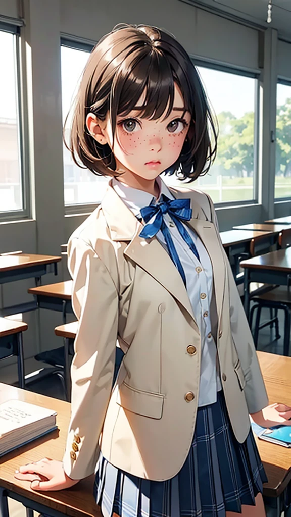 highest quality、Realistic、girl、Japanese、zoom、cute、classroom、Gray Eyes、Light Brown Hair、Bob Hair、Off-white blazer、White blouse、Ribbon、Blue checked pleated skirt、Face close-up、thin、Small breasts、Pouting、freckles
