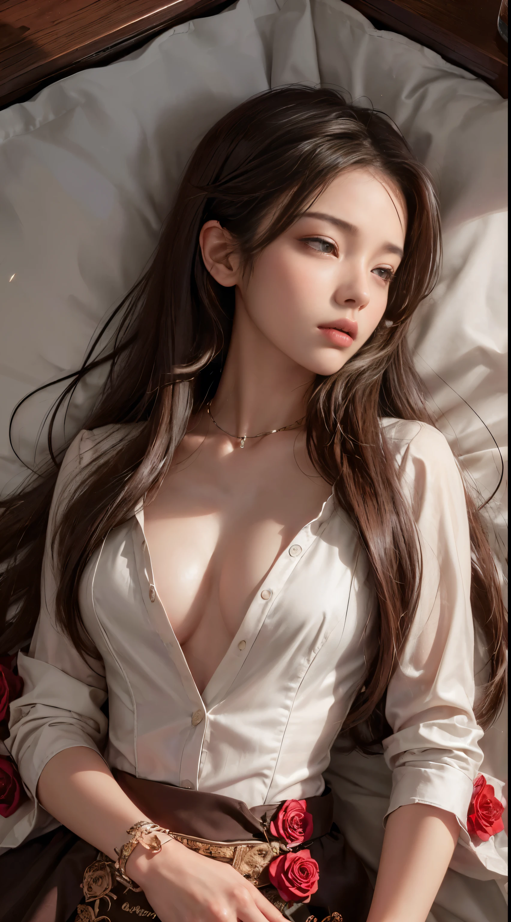 (One Girl:1.3), Cinematic Light, (Tabletop, highest quality, highest quality, beautifully、aesthetic:1.3), Very detailed,Best details,(Very detailed),, From above,(( Lying in bed)), alone, chest, Silky long hair, (Brown Hair), Roses were scattered in the flowerbed., ((suit)), ((shirt)), Open chest,Big chest