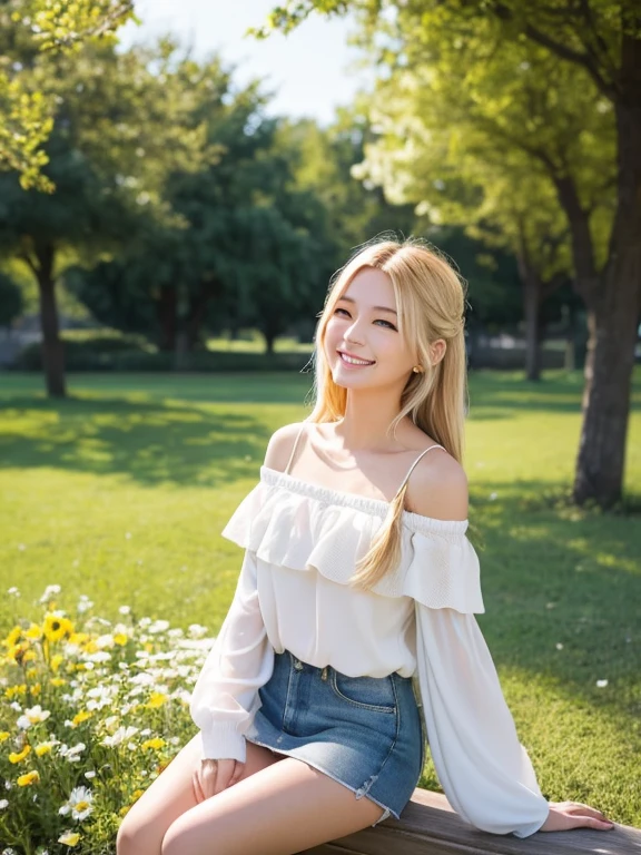 Smiling with eyes and mouth open、A pretty blonde girl sitting in a wariza in a flower park。She had her long hair blowing in the wind、Surrounding flowers々Surrounded by the scent of。That smile is、As warm as the spring sunshine、Gives a pleasant feeling of happiness。She is such a、White off-shoulder、Wearing a miniskirt、It's like a single flower blooming in the park.、Cleavage will expand your imagination、What charm will her smile have in this landscape?、Picture it。