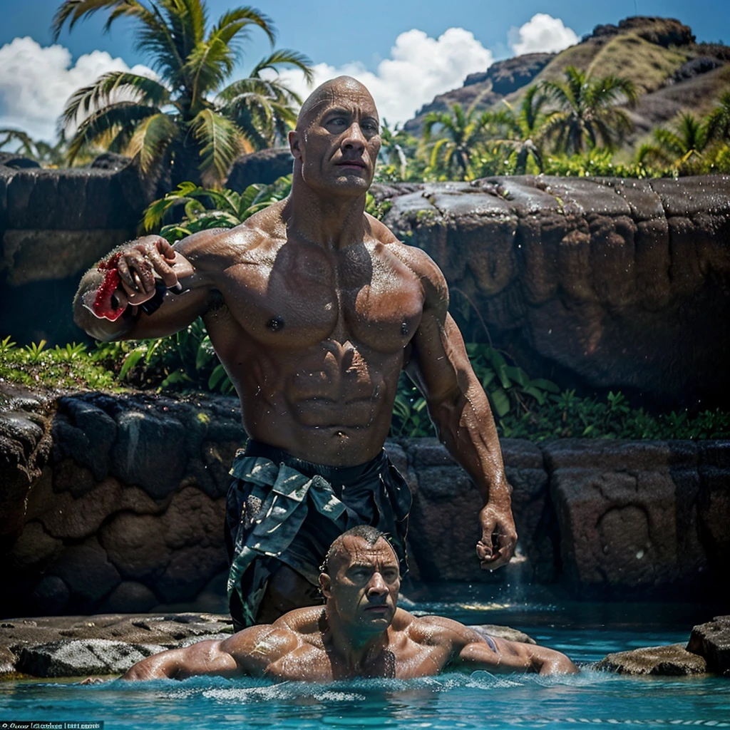 WWE superstar The Rock is portraying a Lava Demon, in the lush tropics of Hawaii her rises from a pool of lava and scorches the earth as he walks to the sea