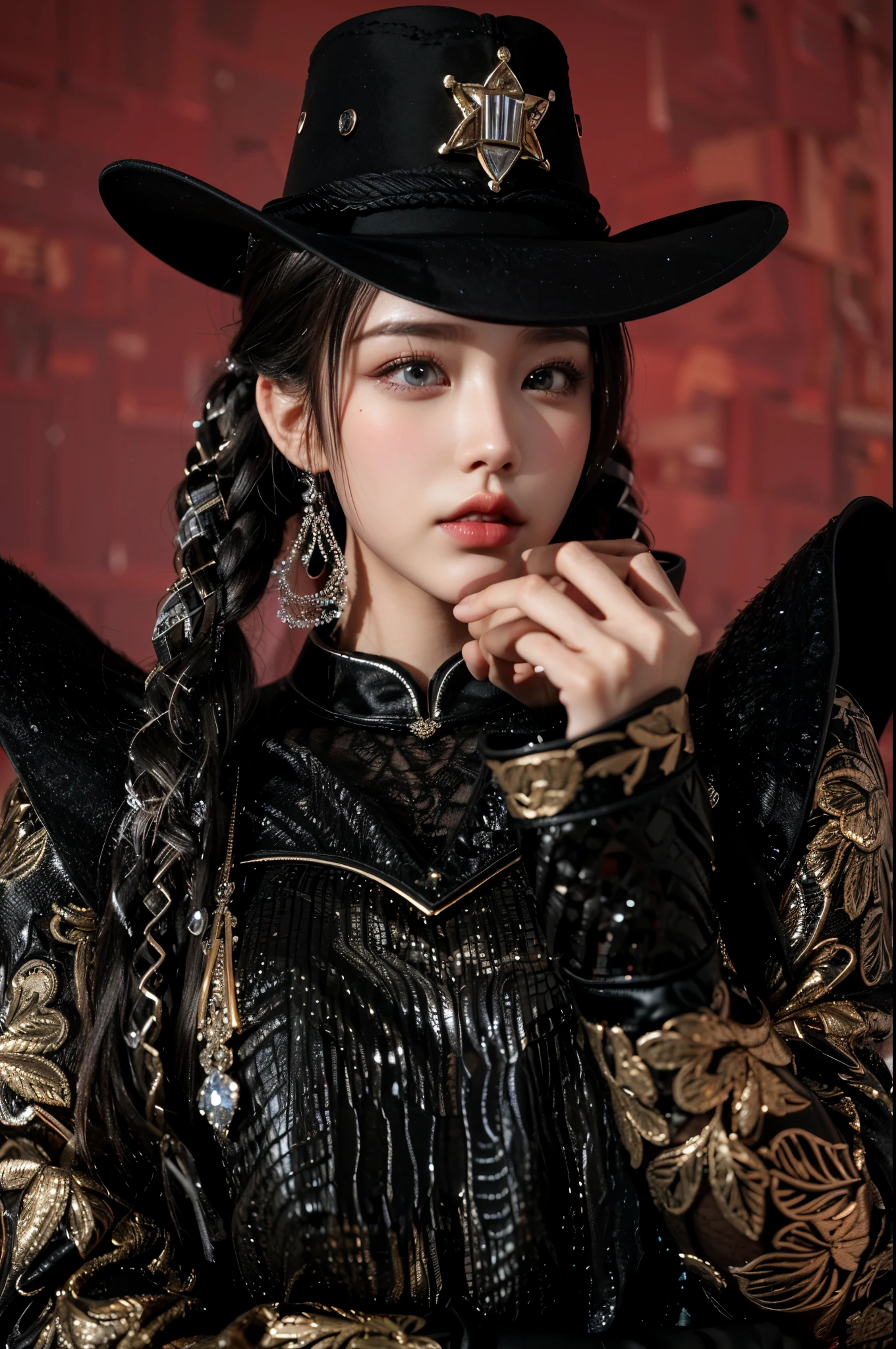 Game Art,Best image quality,Maximum resolution,8k,(A bust photo),(portrait),(Head close-up),(Rule of Thirds),Unreal Engine 5 rendering works,20 year old girl,((Queen)),The eyes are very detailed,(Large Breasts),Elegance and nobility,Movie Lighting,Ray Tracing,Game CG,((3D Unreal Engine)),OC rendering reflection mode,4K,Ultra-clear,Sensual,Translucent lace,Fair and plump figure,Pretty Face,Glossy Gel Coat,身着华贵礼服的Queen,Crystal Gem Crown,Necklace jewelry,blue eyes,Black tattoo(whole body),The tattoo is very three-dimensional,Gorgeous and intricate tattoo designs,Ultra-clear portrait,Sexy thick lips(Red lipstick),Gorgeous Mongolian women's clothes,Cowboy hat on his head,Mongolian female khan,Holding a teacup,Fingers straightened,