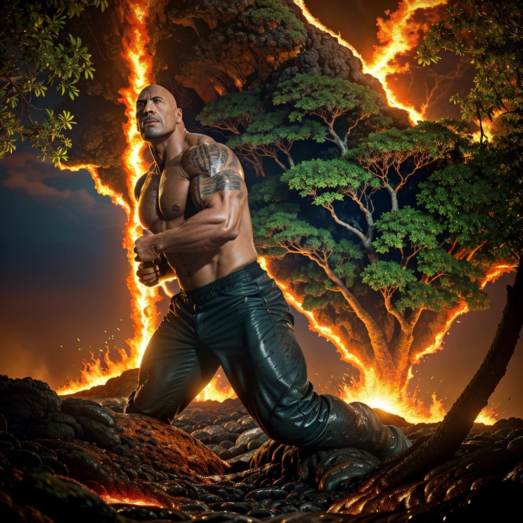 WWE superstar, The Rock, portraying a Lava Demon, emerges from a fiery pool of molten lava in the lush tropics of Hawaii. With an intense gaze and a powerful presence, he strides across the scorched earth, leaving a trail of smoldering footprints in his wake. The vibrant green foliage surrounding him contrasts with the fiery red and orange hues of the lava, creating a stunning visual contrast. As he approaches the edge of the beach, the waves crash against the shore, steam rising from the impact. The Rock's muscular physique is enhanced by the dramatic lighting, showcasing every sinew and muscle definition. The atmosphere is filled with a sense of anticipation and awe as onlookers witness the mighty Lava Demon's unstoppable journey towards the sea. The scene is rendered in ultra-realistic detail, capturing the intricate textures of the lava, the foliage, and The Rock's fiery transformation. The overall color palette is rich and vibrant, with deep reds, oranges, and greens, accentuated by the warm glow of the sunlight peeking through the dense canopy of trees. The lighting creates dynamic shadows and highlights, adding depth and dimension to the composition. The prompt highlights The Rock's portrayal as a Lava Demon, the tropical setting, the lava, the scorched earth, the lush foliage, and the sea. It emphasizes the highest quality, ultra-detailed, and photorealistic aspects of the image, ensuring a masterpiece of a visual depiction.