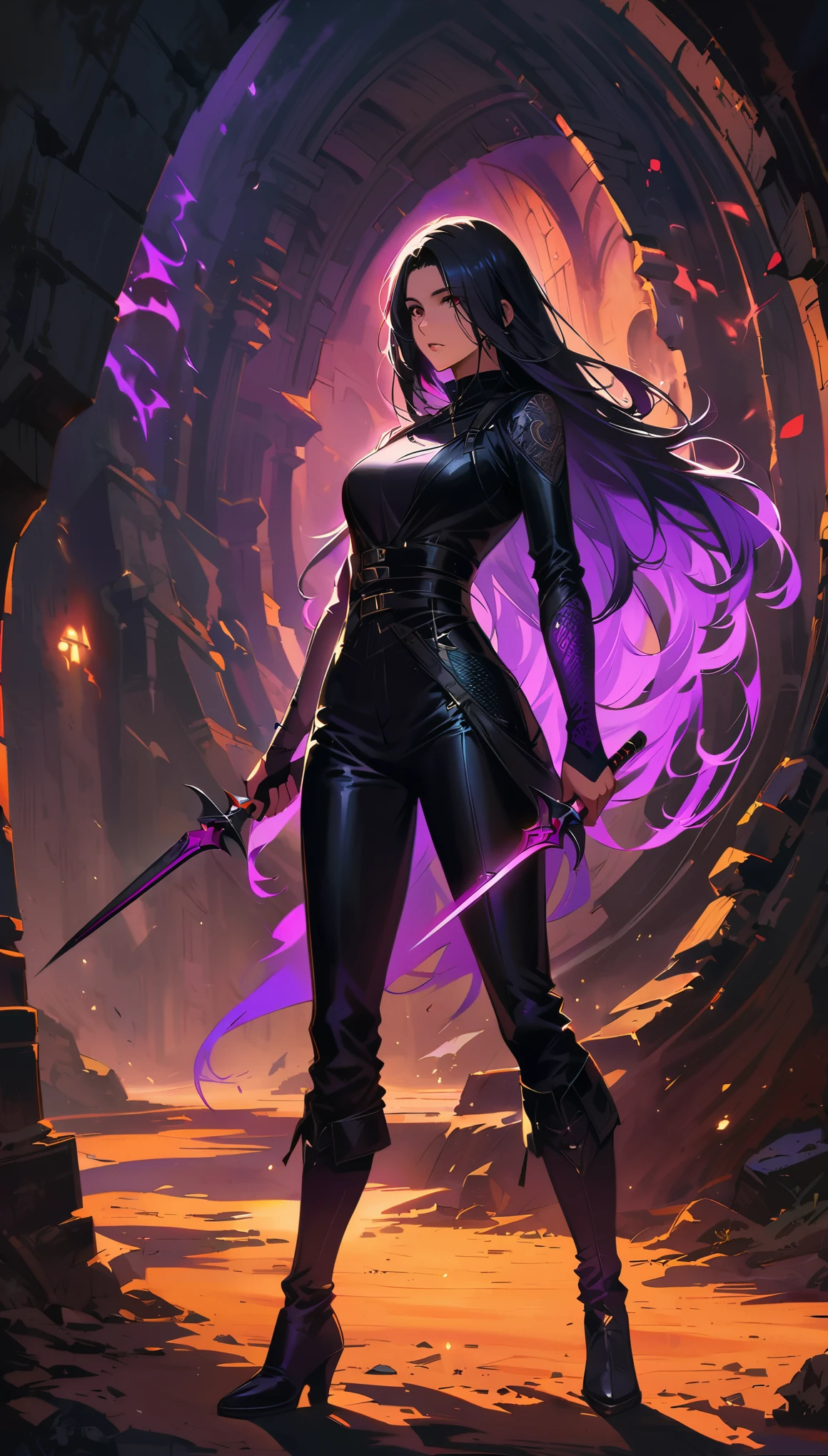 a detailed portrait of a female assassin in a dark fantasy setting, with long flowing hair in shades of black and purple, Tattood on the face, piercing blue, wearing a sleek black leather outfit , including dragon scales tattoos on her arms,Wearing a pair of pointed long leather boots. She stands in a dimly underground chamber, holding two curved daggers , The scene is illuminated with flickering torches [flickering torches], casting shadows and enhancing the suspenseful atmosphere. The color palette is predominantly dark and moody, with hints of red and purple accents , creating a sense of mystery and danger. The lighting emphasizes the sharp edges and intricate details of the assassin's attire and tattoos, adding depth and texture to the overall composition . The image is of the highest quality, with extreme attention to detail , showcasing the artist's technical expertise and mastery of light and shadow. The art style is realistic yet with a touch of fantasy.