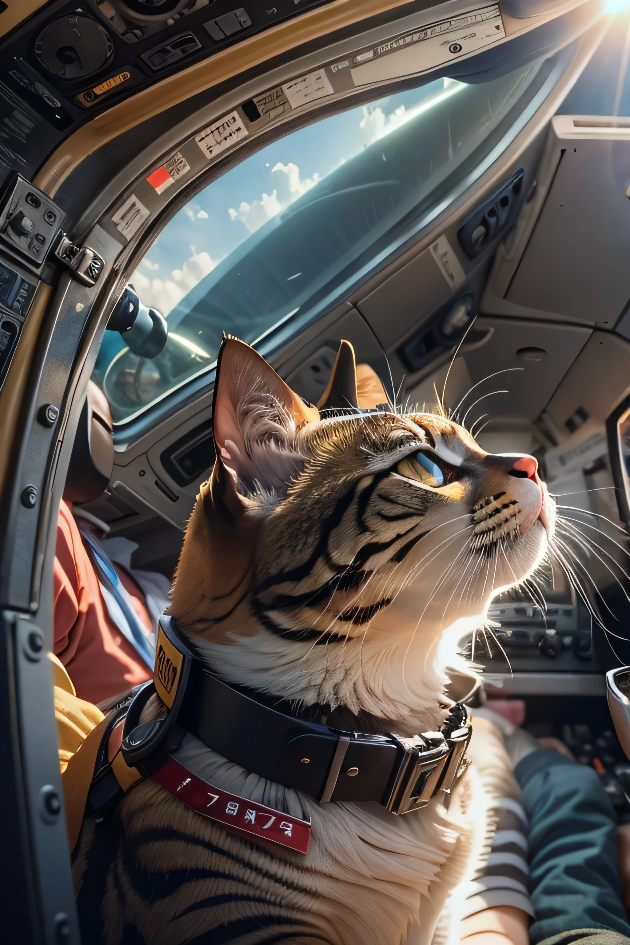A round-eyed cat,Wear a pilot's uniform, In the driver's seat of the aircraft,rays of sunshine.