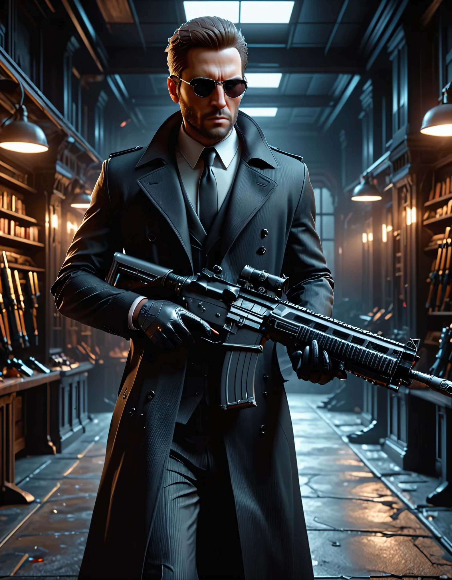 there is a man in a suit and tie holding an assault rifle, neo - noir style, 3 d render character art 8 k, (albert wesker:0.4) full body portrait, neo noir style, concept art like ernest khalimov, cinematic full character, male character, highly detailed character, full body shot hyperdetailed, (arnold maya render:0.4), he is wearing a black trenchcoat, solo, single, glasses, long black trenchcoat, black suit and tie, black shirt, dress shoes, formal, stoic. weapons room backdrop, shelves behind him, which are two assault rifles on each shelf.