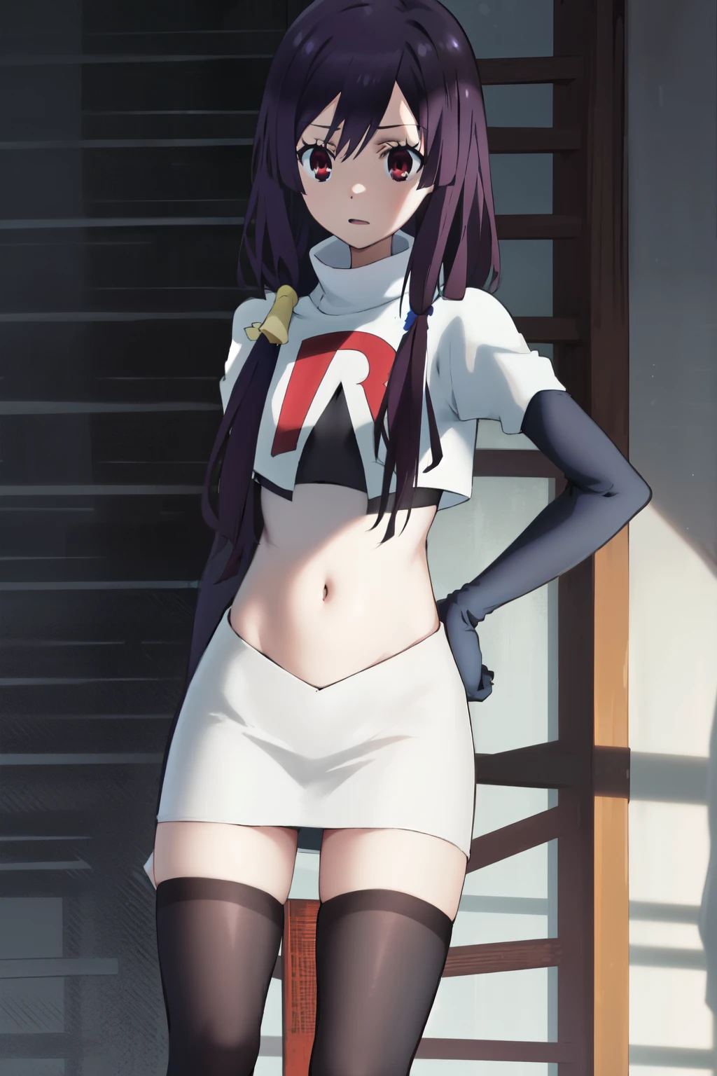 natsume, 1girl, crossdress-hairstyle, magic,    highres, absurdres,team rocket,team rocket uniform,white skirt,red letter R,crop top,black thigh-highs,black elbow gloves
