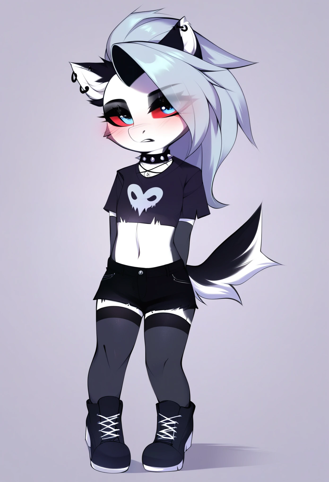 score_9, score_8_up, score_7_up, source_furry, rating_safe, by magnaluna, loona posing seductively in a goth bedroom, anthro, blushing, fullbody, full body