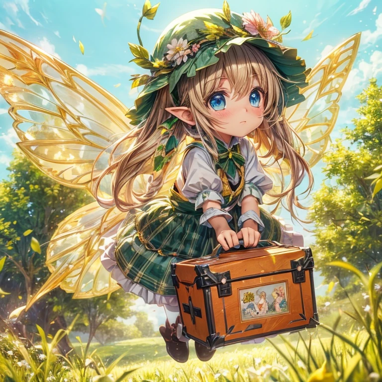 high quality ultra detailed fantasy anime photography, small waifu fairy hovering lifting a heavy lunchbox, bringing with tired face, in sunny field