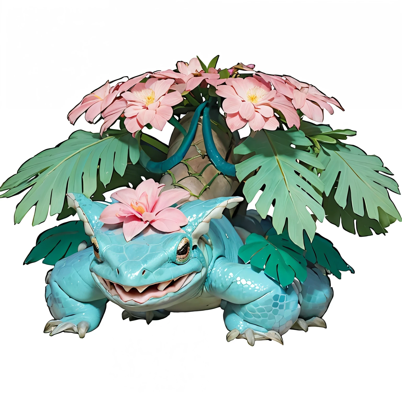 Blue amphibian reptile pokemon with leaves on its back, pink flower on its head and a palm tree on its back.