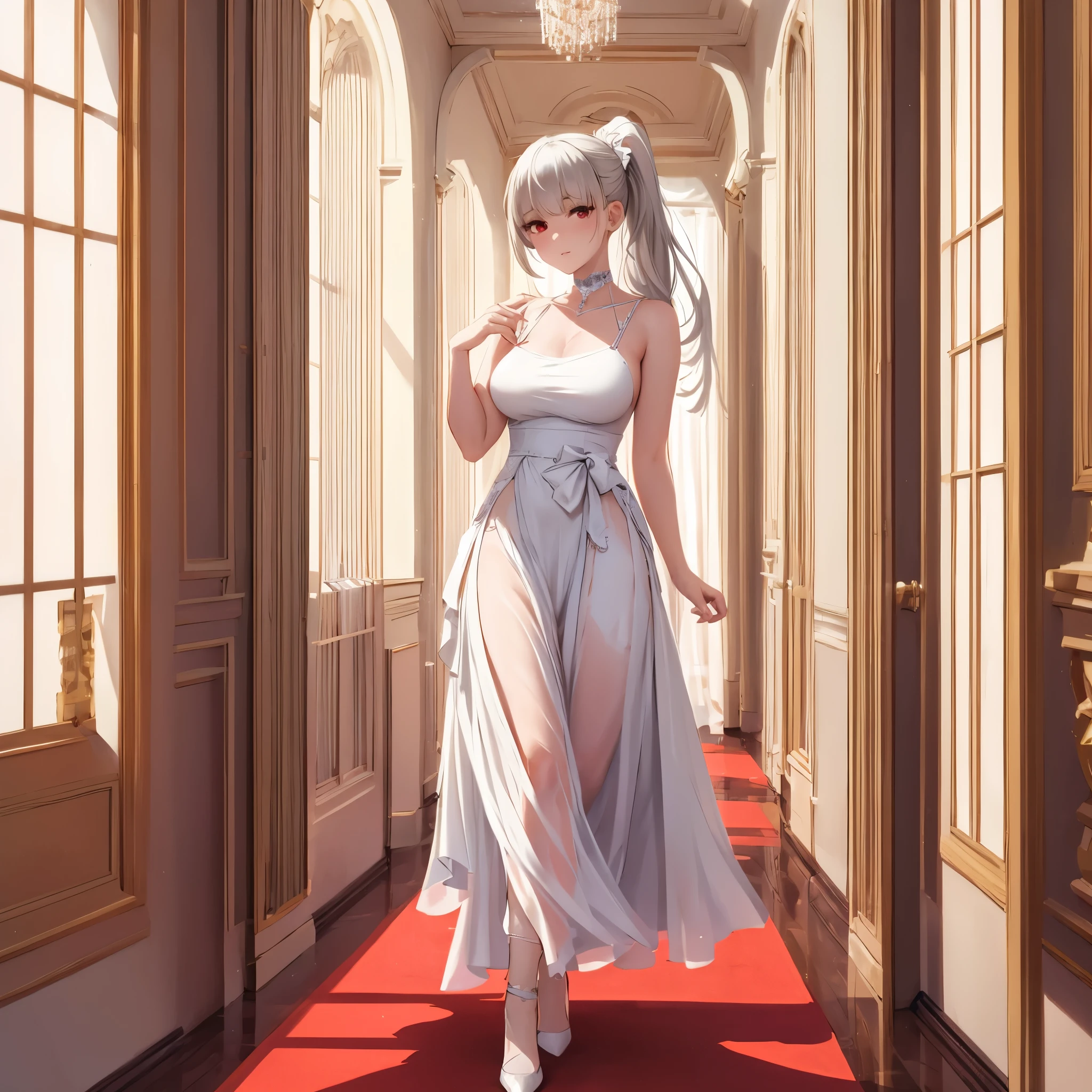 A woman wearing a sophisticated white dress, silver details on the dress, big breasts, exposed chest, white heels, long silver hair, ponytail hair, red eyes, kawaii face, walking in a luxurious room, maroom floor, white pillars, ceiling painted white, glass windows,full body, surrealism, projected shadow, anaglyph, stereogram, tachi -e, pov, atmospheric perspective, surrealism, flower, 8k, super detail, accurate, best quality, UHD, anatomically correct, textured skin, high quality, high resolution, best quality
